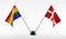 LGBT and Denmark flags on decorative stand. Isolated on a white background. 3d rendering