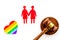 LGBT divorce. Judge gavel, female couple on white background top-down