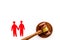 LGBT divorce. Judge gavel, male couple on white background top-down copy space