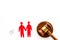 LGBT divorce. Judge gavel, rings, men gay couple on white background top-down copy space