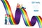 LGBT family with adopted child and rainbow flag identity in gradient ribbon shape. Gay, lesbian, pride culture and LGBTQ