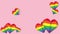 Lgbt and gay pride theme animation. Rainbow hearts flying on pink background