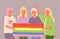 LGBT history month in October, week, day. Lesbians, bisexual girls are holding rainbow flag and laughing