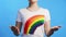 lgbt invitation woman in rainbow t-shirt welcome