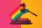 LGBT Law gay marriage. Judge gavel on rainbow color flag top view banner. Transgender rights copy space