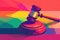 LGBT Law gay marriage. Judge gavel on rainbow color flag top view banner. Transgender rights copy space