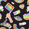 LGBT logo symbols stickers seamless pattern. Flags, hearts. Badges, pins, patches, icons in rainbow colors. Gay pride