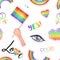LGBT logo symbols stickers seamless pattern. Flags, hearts. Badges, pins, patches, icons in rainbow colors. Gay pride