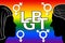 LGBT movement banner, d, white letters LGBT inside heart. Lesbian, gay, bisexual, and transgender sex symbols. Woman and