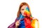 LGBT, portrait of an adult woman with the flag of freedom. The concept is an international symbol of the community of lesbian, gay