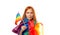 LGBT, portrait of an adult woman with the flag of freedom. The concept is an international symbol of the community of lesbian, gay