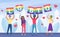LGBT pride activism concept vector illustration, cartoon flat activists people holding symbol of LGBT community, rainbow
