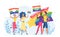 LGBT pride festival vector illustration. Cartoon flat homosexual characters holding rainbow flag and placards on parade