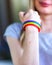 LGBT Pride Month with  bracelet with rainbow flag on handE LGBT people for International Day Against Homophobia and Transph