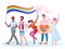 LGBT pride parade vector illustration, cartoon flat happy homosexual and transgender people take part in LGBT festival