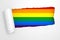 LGBT Rainbow Flag in the Hole of Torn White Paper. 3d Rendering