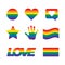 LGBT related symbols set in rainbow colors. Pride, freedom flags, hearts.