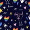 LGBT seamless pattern. Pride, love and peace lettering, rainbow hearts. Gay parade wallpaper. LGBTQ rights symbol. Background,