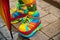 LGBT supporters protesting on the street. Close up of rainbow shoes