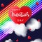 LGBT Valentine\\\'s day vector background with red hearts, clouds and neon flag colors