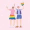 LGBTQ community, happy man and woman with rainbow heart, gay parade sexual discrimination protest