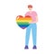 Lgbtq community pride, young man with huge rainbow heart character isolated icon design