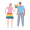 LGBTQ community, woman with rainbow skirt colors and heart young man cartoon, gay parade sexual discrimination protest
