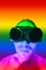 LGBTQ concept of a guy in dark welding glasses in symbolic rainbow colors.