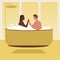 LGBTQ couple in bath, Flat vector stock illustration with taking bath at home or Homosexual man with boyfriend in bathroom