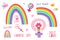LGBTQ+ and Feminism related symbols set in rainbow colors: Heart, Peace, Rainbow, Love, Venus Mirror