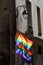 LGBTQ flags on corner of old building in Paris during pride. Transgender Pride flag