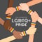 LGBTQ pride banner with hand Wear rainbow wristband around circle  on gray background vector design