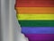 LGBTQ rainbow flag under a torn metal plate