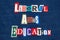 LIBERAL ARTS EDUCATION text word collage, colorful fabric on blue denim, humanities education