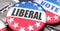 Liberal and elections in the USA, pictured as pin-back buttons with American flag colors, words Liberal and vote, to symbolize