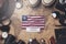 Liberia Flag Between Traveler`s Accessories on Old Vintage Map. Overhead Shot