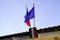 liberte egalitÃ© fraternite means freedom equality fraternity on city hall in french with france and european flag on outdoor