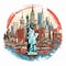 Liberty\\\'s Embrace: New York Skyline Framed by Iconic Statue