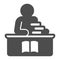 Librarian with stack of books solid icon, children book day concept, man at table vector sign on white background