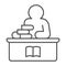 Librarian with stack of books thin line icon, children book day concept, man at table vector sign on white background