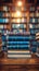 Library ambiance, back to school concept, book stack, blurred bookshelf background