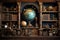 Library ambiance with vintage bookshelf, antique books, and globe decor