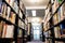 Library book shelf aisles with focus on the far end bright window with greenery