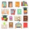 Library, books reading flat vector icons