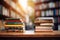 Library bookshelf, back to school concept, stacked books, blurred background, education