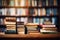 Library bookshelf, back to school concept, stacked books, blurred background, education