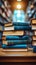 Library bookshelf, back to school concept, stacked books, blurred background, education