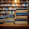 Library bookshelf, back to school concept, stacked books, blurred background, education