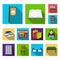 Library and bookstore flat icons in set collection for design. Books and furnishings vector symbol stock web
