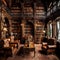 Library filled with antique books representing different eras of human history
